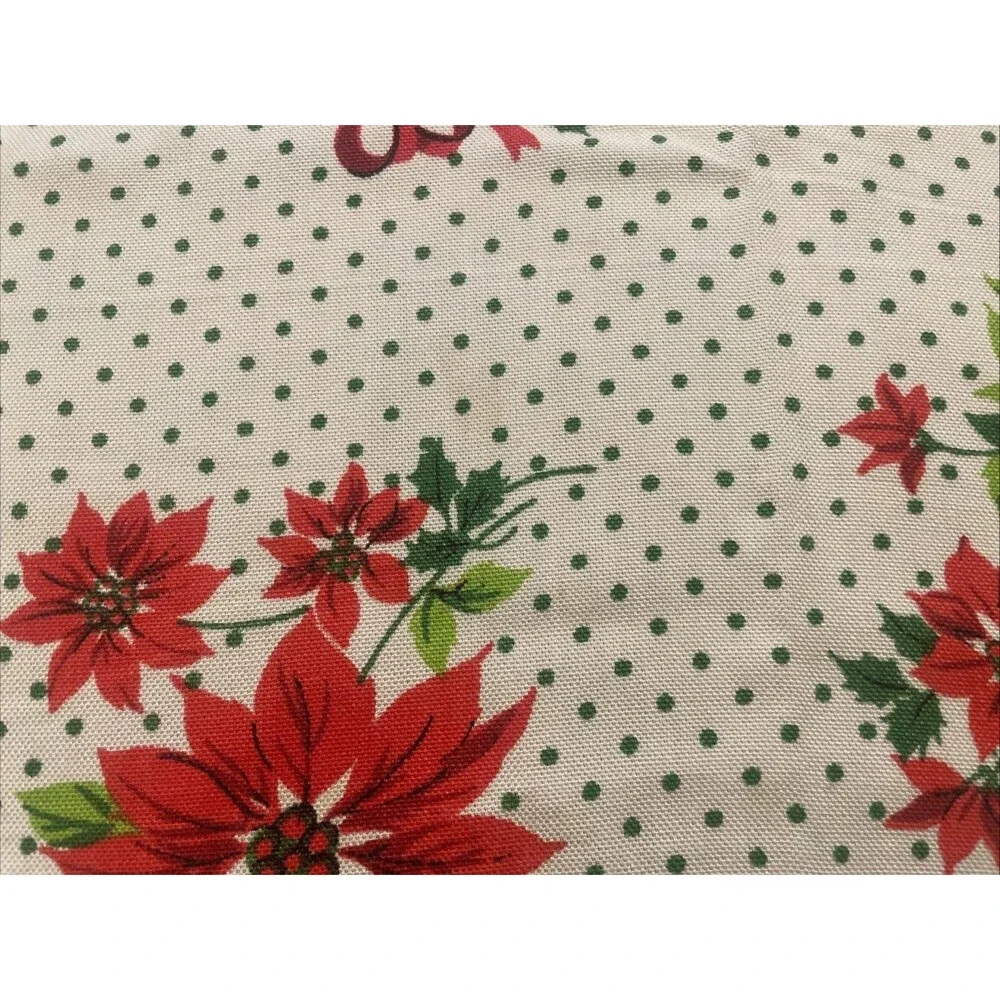 Vtg Christmas Tablecloth White w/ Red Poinsettia & Bells Green Polka Dots 58x81”